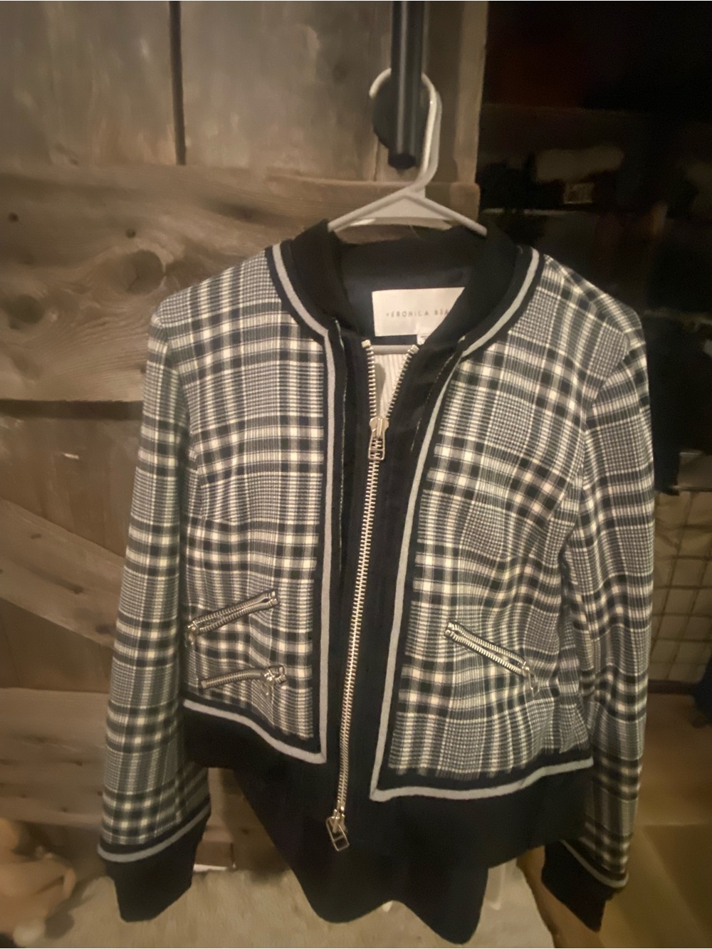 Veronica Beard Black 
and White Plaid Bomber Jacket